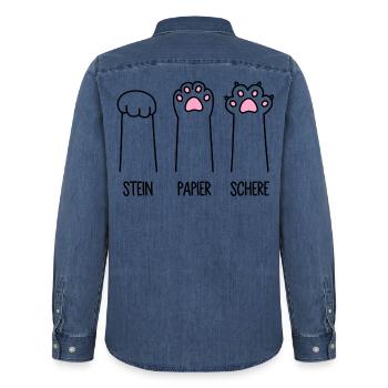 Stein Papier Schere Katze Pfote Spiel Katzenpfoten - Männer Jeanshemd Organic von Stanley/Stella - verwaschenes Mittelblau  - Hinten - AI Model Male 185 light (185cm)