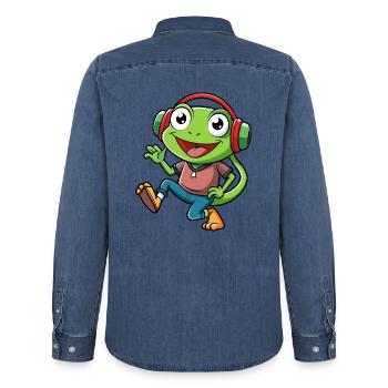 Frog Funny Cartoon Character Headphone Music - Men’s Organic Denim Shirt by Stanley/Stella - mid washy  - Back - AI Model Male 185 light (185cm)