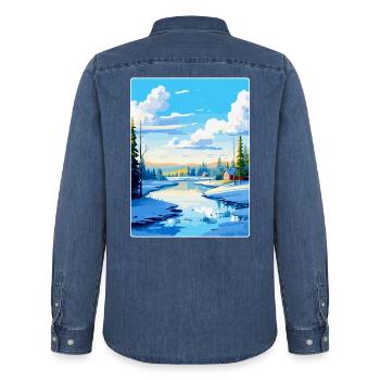 Rovaniemi Finland Vintage Travel Poster Souvenir - Men’s Organic Denim Shirt by Stanley/Stella - mid washy  - Back - AI Model Male 185 light (185cm)