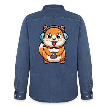 Hamster Lustige Zeichentrickfigur Kopfhörer Musik - Männer Jeanshemd Organic von Stanley/Stella - verwaschenes Mittelblau  - Hinten - AI Model Male 185 light (185cm)