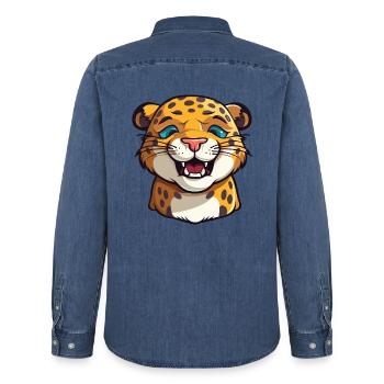 Jaguar-Karikatur-Kawaii-Aquarell-Illustration - Männer Jeanshemd Organic von Stanley/Stella - verwaschenes Mittelblau  - Hinten - AI Model Male 185 light (185cm)