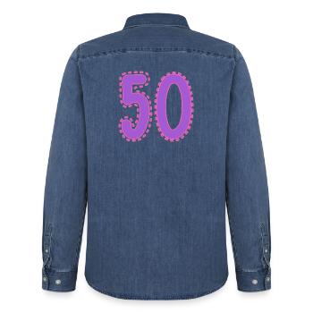 50. 50 YEARS. 50th ANNIVERSARY. 50TH ANNIVERSARY. - Men’s Organic Denim Shirt by Stanley/Stella - mid washy  - Back - AI Model Male 185 light (185cm)