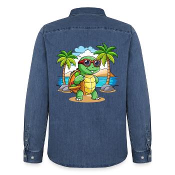 Schildkröte Lustige Cartoon Sommer Strand Sonnenbrille - Männer Jeanshemd Organic von Stanley/Stella - verwaschenes Mittelblau  - Hinten - AI Model Male 185 light (185cm)