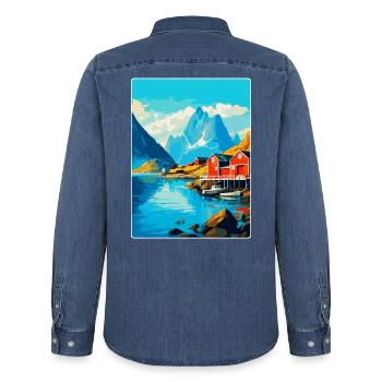 Lofoten Norwegen Vintage Reiseposter WPA - Männer Jeanshemd Organic von Stanley/Stella - verwaschenes Mittelblau  - Hinten - AI Model Male 185 light (185cm)
