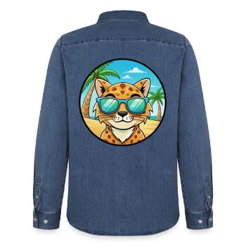 Brume tachetée australienne Race de chat Cartoon Beach - Chemise en denim homme bio Stanley/Stella - bleu moyen délavé  - Dos - AI Model Male 185 light (185cm)