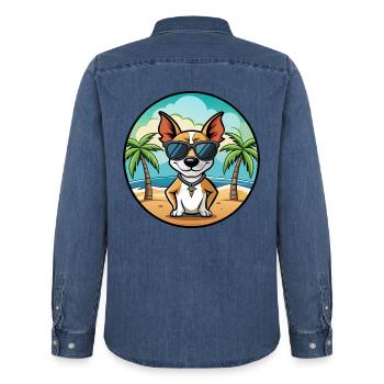 Decker Rat Terrier Hunderasse Cartoon Sonnenbrille - Männer Jeanshemd Organic von Stanley/Stella - verwaschenes Mittelblau  - Hinten - AI Model Male 185 light (185cm)