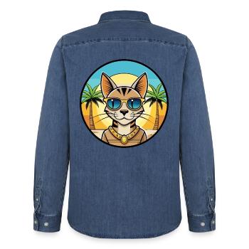 Arabische ägyptische Mau-Katzenrasse Cartoon-Sonnenbrille - Männer Jeanshemd Organic von Stanley/Stella - verwaschenes Mittelblau  - Hinten - AI Model Male 185 light (185cm)