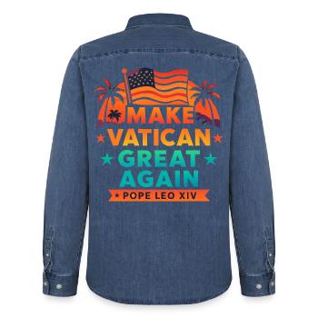 Make Vatican Great Again - Männer Jeanshemd Organic von Stanley/Stella - verwaschenes Mittelblau  - Hinten - AI Model Male 185 light (185cm)