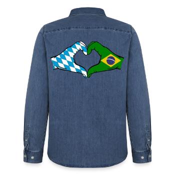 Bavière, Brésil, Drapeau, Mains, Forme Coeur - Chemise en denim homme bio Stanley/Stella - bleu moyen délavé  - Dos - AI Model Male 185 light (185cm)