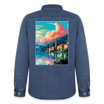 Lac de Côme Italie Affiche de voyage vintage Souvenir WPA - Chemise en denim homme bio Stanley/Stella - bleu moyen délavé  - Dos - AI Model Male 185 light (185cm)