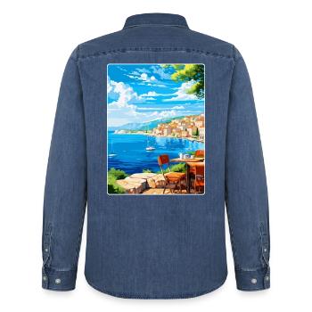 Kroatien Vintage Reiseplakat Souvenir Souvenir - Männer Jeanshemd Organic von Stanley/Stella - verwaschenes Mittelblau  - Hinten - AI Model Male 185 light (185cm)
