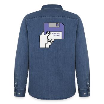 Work bench - Men’s Organic Denim Shirt by Stanley/Stella - mid washy  - Back - AI Model Male 185 light (185cm)