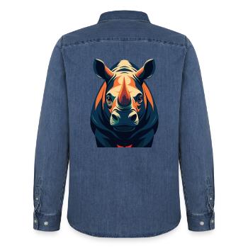 Rhino Cartoon Character Colorful Pet Animal - Men’s Organic Denim Shirt by Stanley/Stella - mid washy  - Back - AI Model Male 185 light (185cm)