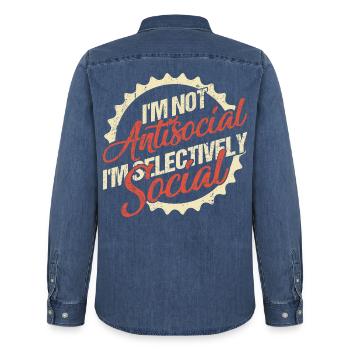I'm Not Antisocial, I'm Selectively Social - Men’s Organic Denim Shirt by Stanley/Stella - mid washy  - Back - AI Model Male 185 light (185cm)