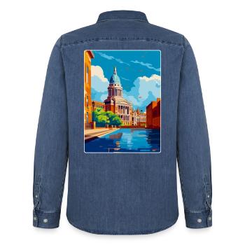 Nottingham Uk Vintage Reiseposter Souvenir WPA - Männer Jeanshemd Organic von Stanley/Stella - verwaschenes Mittelblau  - Hinten - AI Model Male 185 light (185cm)