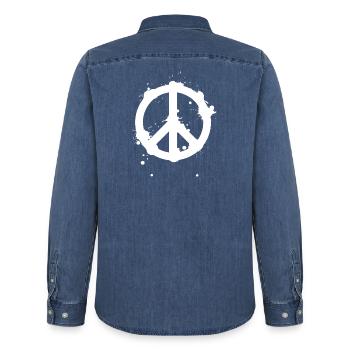 Peace Splash Guerrilla Print Style - Men’s Organic Denim Shirt by Stanley/Stella - mid washy  - Back - AI Model Male 185 light (185cm)