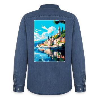 Skradin Kroatien Vintage Reiseplakat Souvenir WPA - Männer Jeanshemd Organic von Stanley/Stella - verwaschenes Mittelblau  - Hinten - AI Model Male 185 light (185cm)
