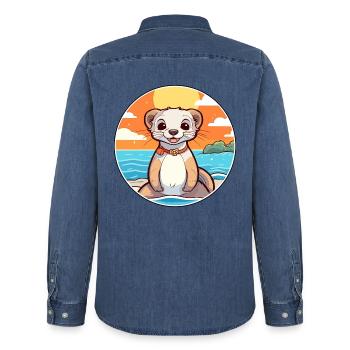 Frettchen Aquarell Cartoon Kawaii Clipart Tier - Männer Jeanshemd Organic von Stanley/Stella - verwaschenes Mittelblau  - Hinten - AI Model Male 185 light (185cm)