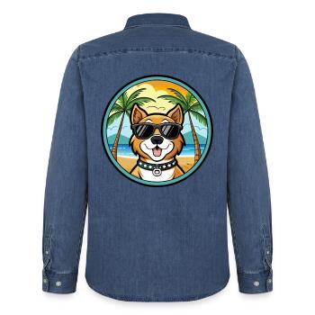 Cao De Castro Laboreiro Hunderasse Cartoon Strand - Männer Jeanshemd Organic von Stanley/Stella - verwaschenes Mittelblau  - Hinten - AI Model Male 185 light (185cm)