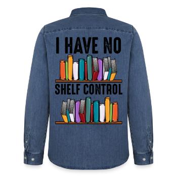 No shelf control saying books reader gift - Men’s Organic Denim Shirt by Stanley/Stella - mid washy  - Back - AI Model Male 185 light (185cm)