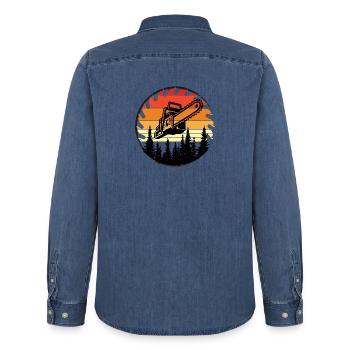 Retro Forest Chainsaw Sunset - Men’s Organic Denim Shirt by Stanley/Stella - mid washy  - Back - AI Model Male 185 light (185cm)