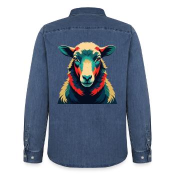 Schaf Cartoon Figur Buntes Haustier Tier - Männer Jeanshemd Organic von Stanley/Stella - verwaschenes Mittelblau  - Hinten - AI Model Male 185 light (185cm)