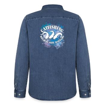 Wels Waller fish catfish on blobs of colour - Men’s Organic Denim Shirt by Stanley/Stella - mid washy  - Back - AI Model Male 185 light (185cm)