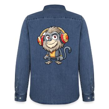 Pavian Lustige Cartoon Figur Kopfhörer Musik - Männer Jeanshemd Organic von Stanley/Stella - verwaschenes Mittelblau  - Hinten - AI Model Male 185 light (185cm)