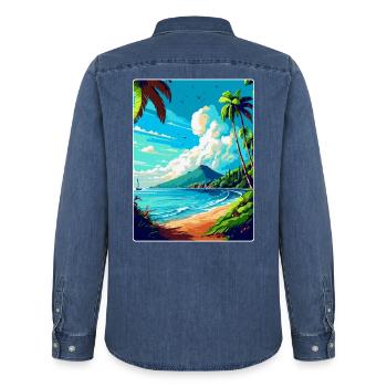 Martinique Caraïbes Vintage Voyage Affiche WPA Art - Chemise en denim homme bio Stanley/Stella - bleu moyen délavé  - Dos - AI Model Male 185 light (185cm)