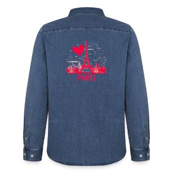 Coeur sur Tour Eiffel Paris Rose - Chemise en denim homme bio Stanley/Stella - bleu moyen délavé  - Dos - AI Model Male 185 light (185cm)