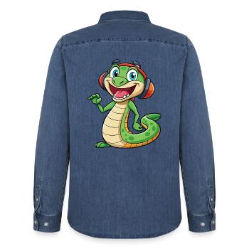 Serpent Drôle Dessin Animé Personnage Casque Musique - Chemise en denim homme bio Stanley/Stella - bleu moyen délavé  - Dos - AI Model Male 185 light (185cm)