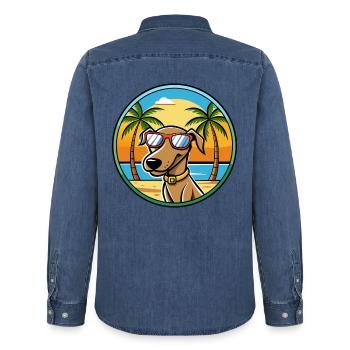 Plott Hound Hund Rasse Cartoon Sonnenbrille Strand - Männer Jeanshemd Organic von Stanley/Stella - verwaschenes Mittelblau  - Hinten - AI Model Male 185 light (185cm)