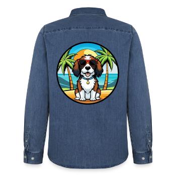 English Springer Spaniel Hunderasse Cartoon Beach - Männer Jeanshemd Organic von Stanley/Stella - verwaschenes Mittelblau  - Hinten - AI Model Male 185 light (185cm)