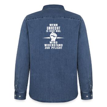 Duty to Rebellion - Men’s Organic Denim Shirt by Stanley/Stella - mid washy  - Back - AI Model Male 185 light (185cm)