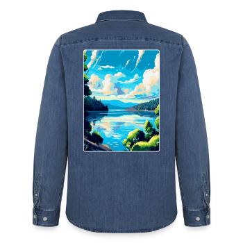 Donau Europa Vintage Reiseplakat Souvenir - Männer Jeanshemd Organic von Stanley/Stella - verwaschenes Mittelblau  - Hinten - AI Model Male 185 light (185cm)