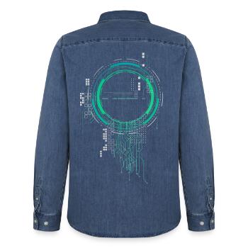cpu pc platine raumschiff code nerd pc pixel coder - Männer Jeanshemd Organic von Stanley/Stella - verwaschenes Mittelblau  - Hinten - AI Model Male 185 light (185cm)