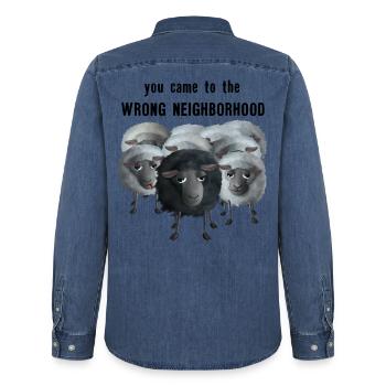 You came to the wrong Neighborhood - Schafherde - Männer Jeanshemd Organic von Stanley/Stella - verwaschenes Mittelblau  - Hinten - AI Model Male 185 light (185cm)