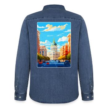 Madrid Spanien Vintage Reiseplakat WPA Souvenir - Männer Jeanshemd Organic von Stanley/Stella - verwaschenes Mittelblau  - Hinten - AI Model Male 185 light (185cm)