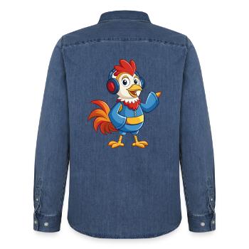 Rooster Funny Cartoon Character Headphone Music - Men’s Organic Denim Shirt by Stanley/Stella - mid washy  - Back - AI Model Male 185 light (185cm)