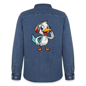 Pelican Funny Cartoon Character Musique de casque - Chemise en denim homme bio Stanley/Stella - bleu moyen délavé  - Dos - AI Model Male 185 light (185cm)