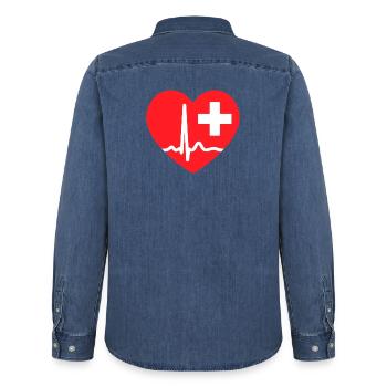 Herzschlag-EKG-Linie Medizinischer Pulswellen-Ikon-Vektor - Männer Jeanshemd Organic von Stanley/Stella - verwaschenes Mittelblau  - Hinten - AI Model Male 185 light (185cm)