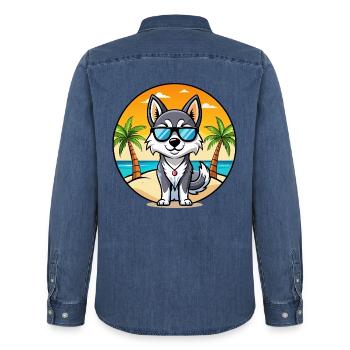 Alaskan Klee Kai Hunderasse Cartoon Sonnenbrille Strand - Männer Jeanshemd Organic von Stanley/Stella - verwaschenes Mittelblau  - Hinten - AI Model Male 185 light (185cm)