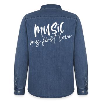 Musique - Mon premier amour - Chemise en denim homme bio Stanley/Stella - bleu moyen délavé  - Dos - AI Model Male 185 light (185cm)