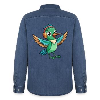 Kolibri Lustige Cartoon Tier Kopfhörer Musik - Männer Jeanshemd Organic von Stanley/Stella - verwaschenes Mittelblau  - Hinten - AI Model Male 185 light (185cm)