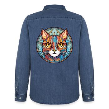 Pixie Bob Katze bunte Aquarell Haustier Illustration - Männer Jeanshemd Organic von Stanley/Stella - verwaschenes Mittelblau  - Hinten - AI Model Male 185 light (185cm)