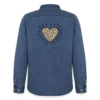 Leopard Heart Burst - Men’s Organic Denim Shirt by Stanley/Stella - mid washy  - Back - AI Model Male 185 light (185cm)