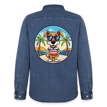 Französische Tricolor Hound Rasse Cartoon Sonnenbrille - Männer Jeanshemd Organic von Stanley/Stella - verwaschenes Mittelblau  - Hinten - AI Model Male 185 light (185cm)