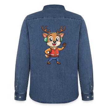 Cerf Drôle Dessin Animé Personnage Casque Musique - Chemise en denim homme bio Stanley/Stella - bleu moyen délavé  - Dos - AI Model Male 185 light (185cm)