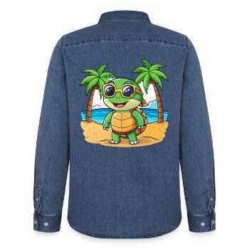 Schildkröte Lustige Cartoon Sommer Strand Sonnenbrille - Männer Jeanshemd Organic von Stanley/Stella - verwaschenes Mittelblau  - Hinten - AI Model Male 185 light (185cm)