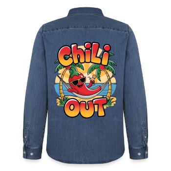 Chili Out - Men’s Organic Denim Shirt by Stanley/Stella - mid washy  - Back - AI Model Male 185 light (185cm)